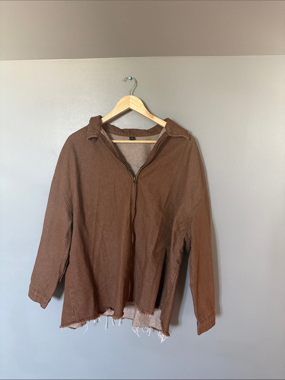 SHEIN Brown Distressed Zip-Up Denim Jacket